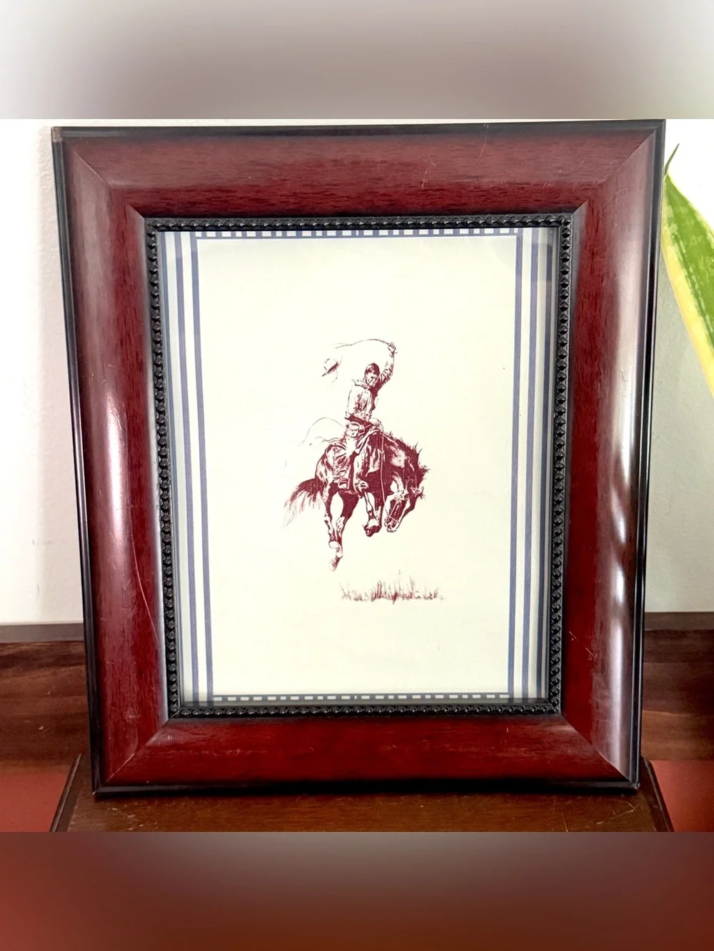Cowboy Bucking Bronco Horse Rodeo Canvas Art Print Blue Stripe Framed Wall Art